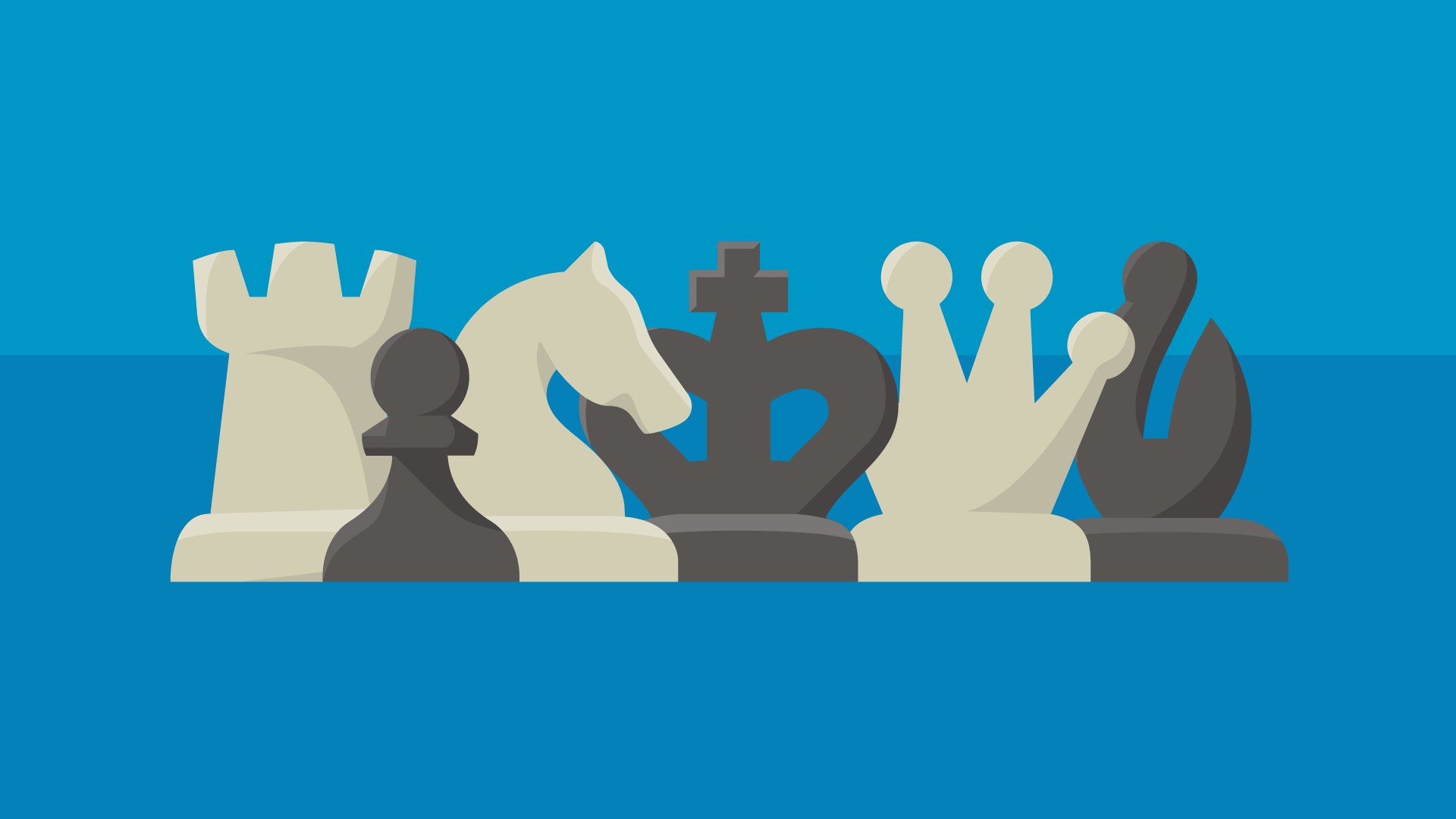 icon with a solid ligth-blue background, showing all chess pieces alternating in colors black and white